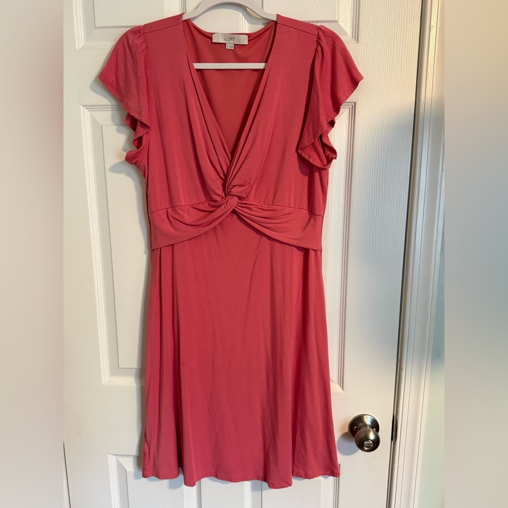 Ann Taylor LOFT Pink Knot-Front Dress with Short Flutter Sleeves - Size M